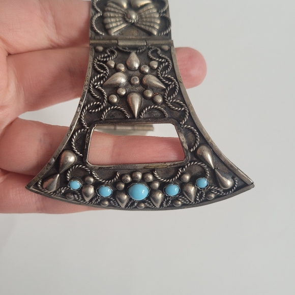 Vintage AP Italy hinged silver cuff bracelet with blue faux stone - Picture 8 of 12